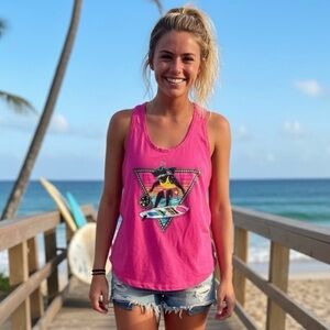 Maui and Sons Surfing Vintage Retro 90’s Sleeveless Tank Barbie Pink Shark
